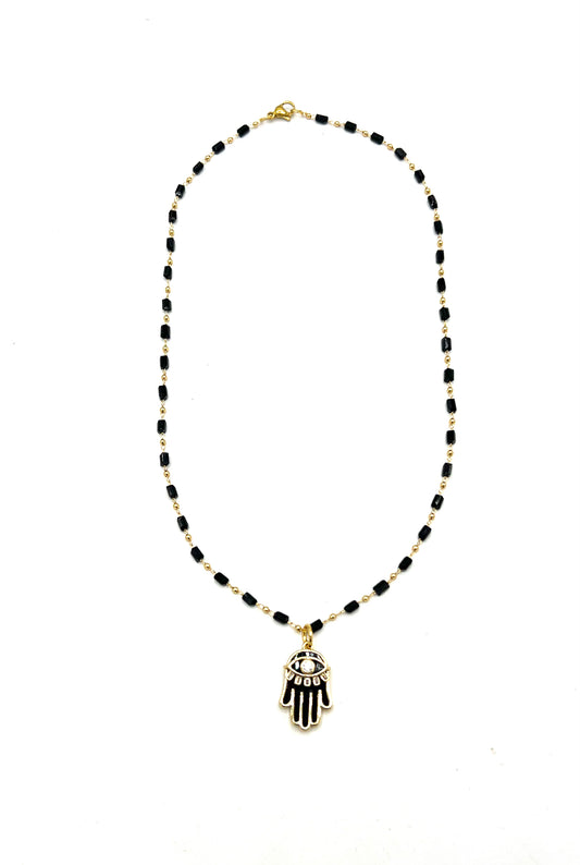 BLACK BEADED HAND NECKLACE